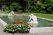 Popular spot for people to stop and take photos while visiting, `Spit & Spat` fountain, Congress Park, Saratoga, NY, 2017