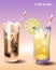 Popular summer drinks are cola and lemonade. Drinking glasses