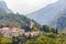 Popular touristic panoramic viewpoint on Mount Olympus from below from Litochoro town with its cozy hotels, apartments, scenic