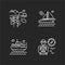 Popular vacation activities chalk white icons set on black background