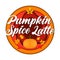 Popular Warming Drinks, Pumpkin Spice Latte Concept. Big Round Isolated Red And Orange Logo With Lettering, Pumpkin And