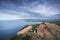 Populonia old village and Baratti gulf aerial view. Tuscany, Italy