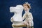 Porcelain clay blonde girl vintage dress chess knight