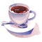 Porcelain cup of tea with teaspoon and saucer, isolated, hot drink, aroma black tea, hand drawn watercolor illustration