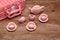 A porcelain spotted tea set with a pink basket