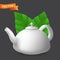 Porcelain teapot side view with mint leaves. Vector realistic illustration of ceramic kettle with lid. Modern tableware crockery