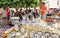 Porcelain vessels and dishes at an outdoor ceramic craft fair in a plaza in Zamora. Spain.