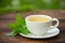 Porcelainl cup with green tea on table