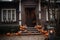 The porch of the beautiful house is adorned with colorful pumpkins and holiday decorations, creating the perfect stage for