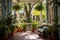 porch of a colonial revival home filled with potted plants