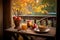 porch table with a steaming cup of apple cider and cinnamon sticks