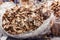 Porcini dried sliced mushrooms in a plastic bag, italian food market in Florence, Italy