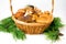 Porcino, honey mushrooms, imleria badia mushrooms in basket on a white background