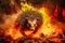 A porcupine bravely walks through a field engulfed in flames, fleeing from a forest fire, depicting the struggle of animals in the