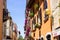 Porec Parenzo, Croatia; 7/19/19: View of traditional colorful croatian buildings with flower pots in the windows, in the old