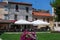 Porec Parenzo, Croatia; 7/19/2019: Typical patio with terraces of bars in the picturesque old town of Porec