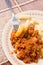 Pork and beef minced meat with tomato sauce and macaroni