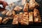 Pork breast on barbeque. Ribs roasted on a bbq. Grilled meat on a sunlight, background wallpaper. Restaurant and food concept. Men