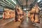 Pork carcasses hanging on hooks in a cold store