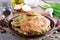 Pork chops in a plate. Pork schnitzel in a plate on wooden desk