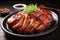 Pork marinated, grilled and served in slices. BBQ meal close up, isolated