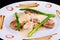 Pork medallions with asparagus: pork tenderloin, asparagus, mushrooms, leeks, onions, carrots and demi-glace sauce