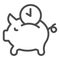 Pork piggy bank and watch line icon. Time is money symbol, outline style pictogram on white background. Money saving and
