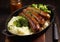 Pork sausages with mashed potatoes and gravy sauce with broccoli in deep pan plate on wooden table.Macro.AI Generative