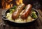 Pork sausages with mashed potatoes and gravy sauce with broccoli in deep pan plate on wooden table.Macro.AI Generative