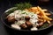 Pork schnitzel with white sauce, fries and herbs.