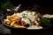 Pork schnitzel with white sauce, fries and herbs.