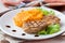 Pork steak fried on grill with mashed sweet potatoes, tasty