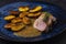 pork tenderloin with baked potatoes and French coarse mustard sauce