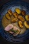 pork tenderloin with baked potatoes and French coarse mustard sauce