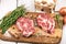 Porky steak with spice and herb on wood background