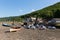 Porlock Weir Somerset England UK near Exmoor Heritage with boats at low tide in summer