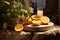 Porous stone podium adorned with skincare, oranges, perfect studio presentation with sunlight