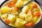 Porrusalda Traditional Basque recipe with potatoes, leeks and carrots closeup in the plate. Horizontal