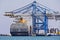 Port activities, big container ship discharging and loading in freeport in Birzebbuga, Malta