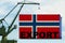 Port crane holds a container with the flag of Norway, the concept of shipping from a country around the world by sea, distribution