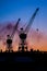 Port cranes at sunset. Port, cargo transportation and cargo ships. Selective focus