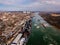 Port on Don river at Rostov-on-Don, aerial view from drone in winter day