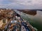 Port on Don river at Rostov-on-Don, aerial view from drone in winter day