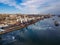 Port on Don river at Rostov-on-Don, aerial view from drone in winter day