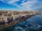 Port on Don river at Rostov-on-Don, aerial view from drone in winter day