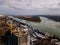 Port on Don river at Rostov-on-Don, aerial view from drone in winter day