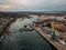 Port on Don river at Rostov-on-Don, aerial view from drone in winter day