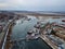 Port on Don river at Rostov-on-Don, aerial view from drone in winter day