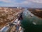 Port on Don river at Rostov-on-Don, aerial view from drone in winter day