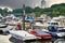 Port on the Elbe Lubeck Canal with small private yachts and boats